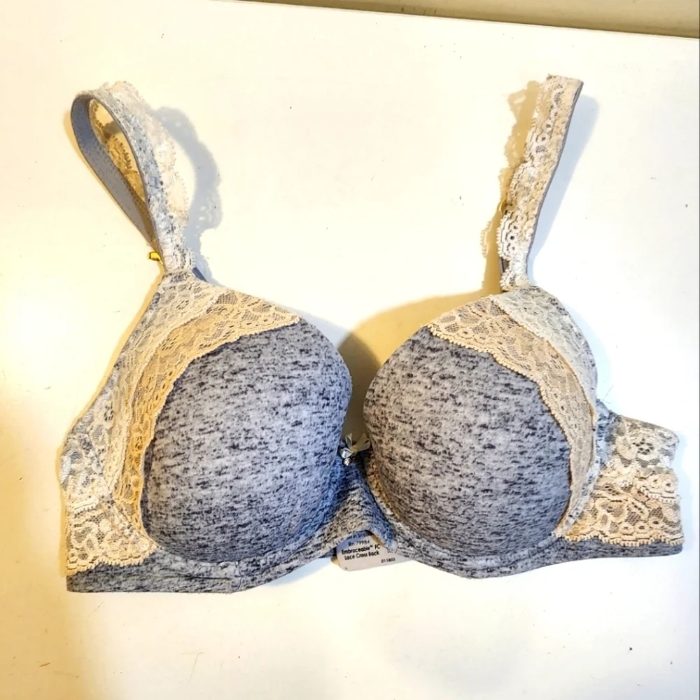 Soma Gray and Cream Lace Trim Bra Full Coverage 34c